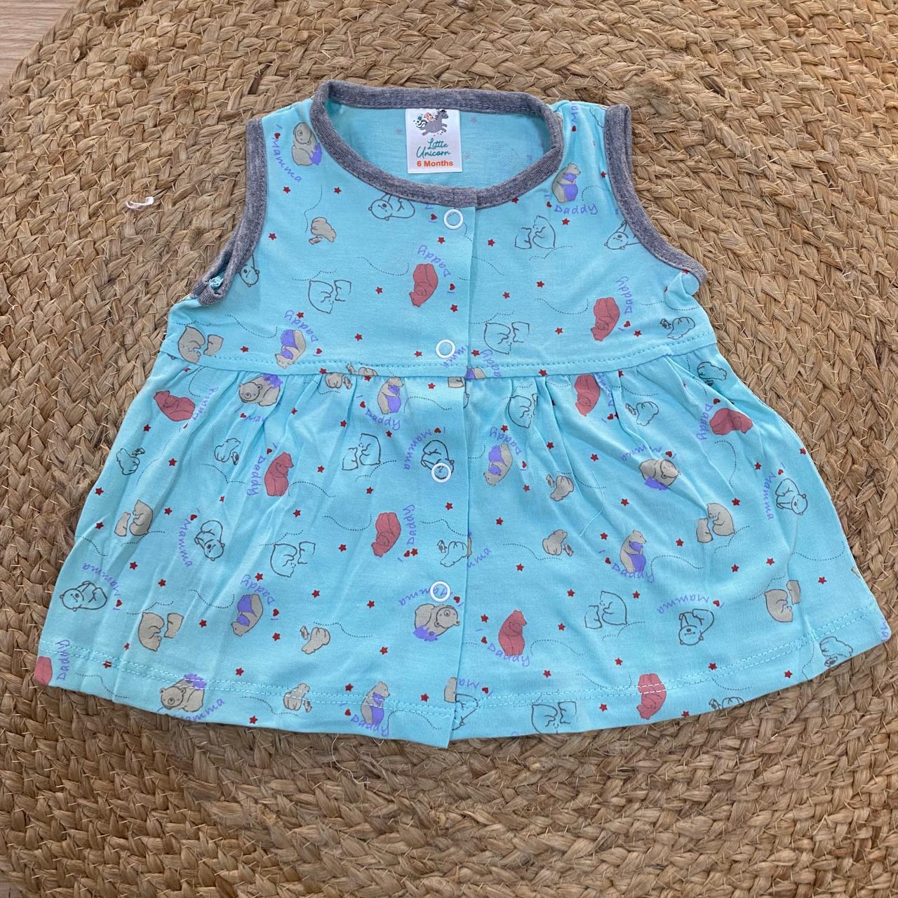 Sky Blue Teddy Print Baby Frock