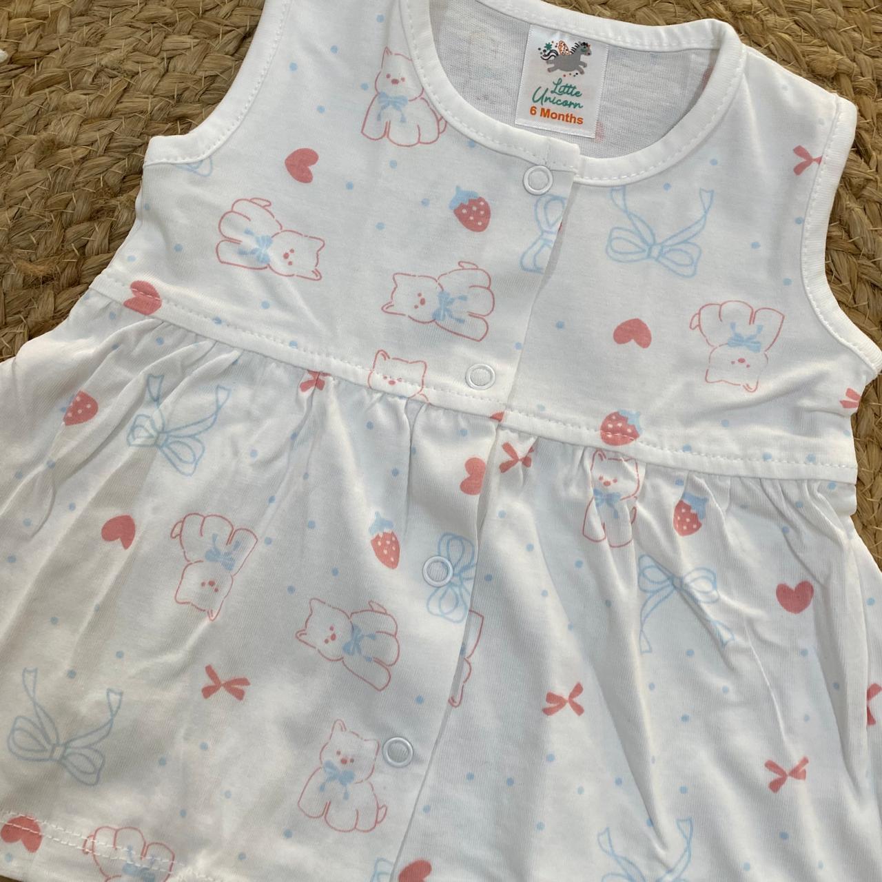 White Teddy Print Baby Frock