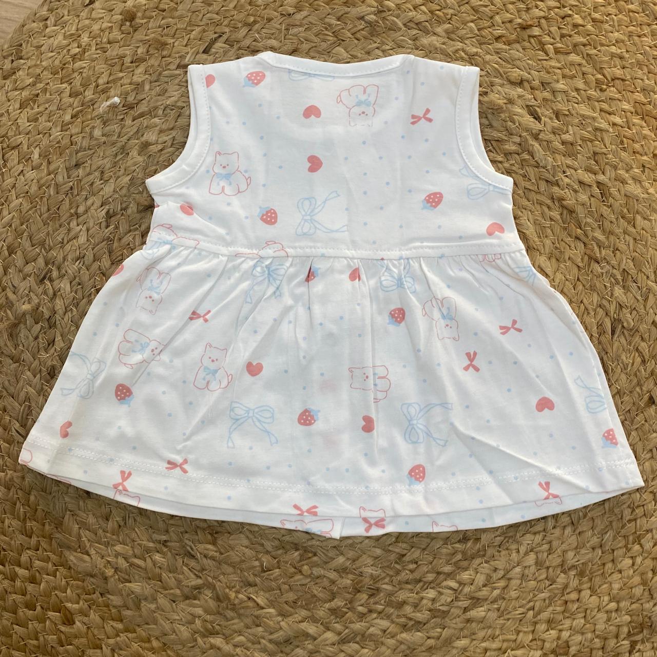 White Teddy Print Baby Frock