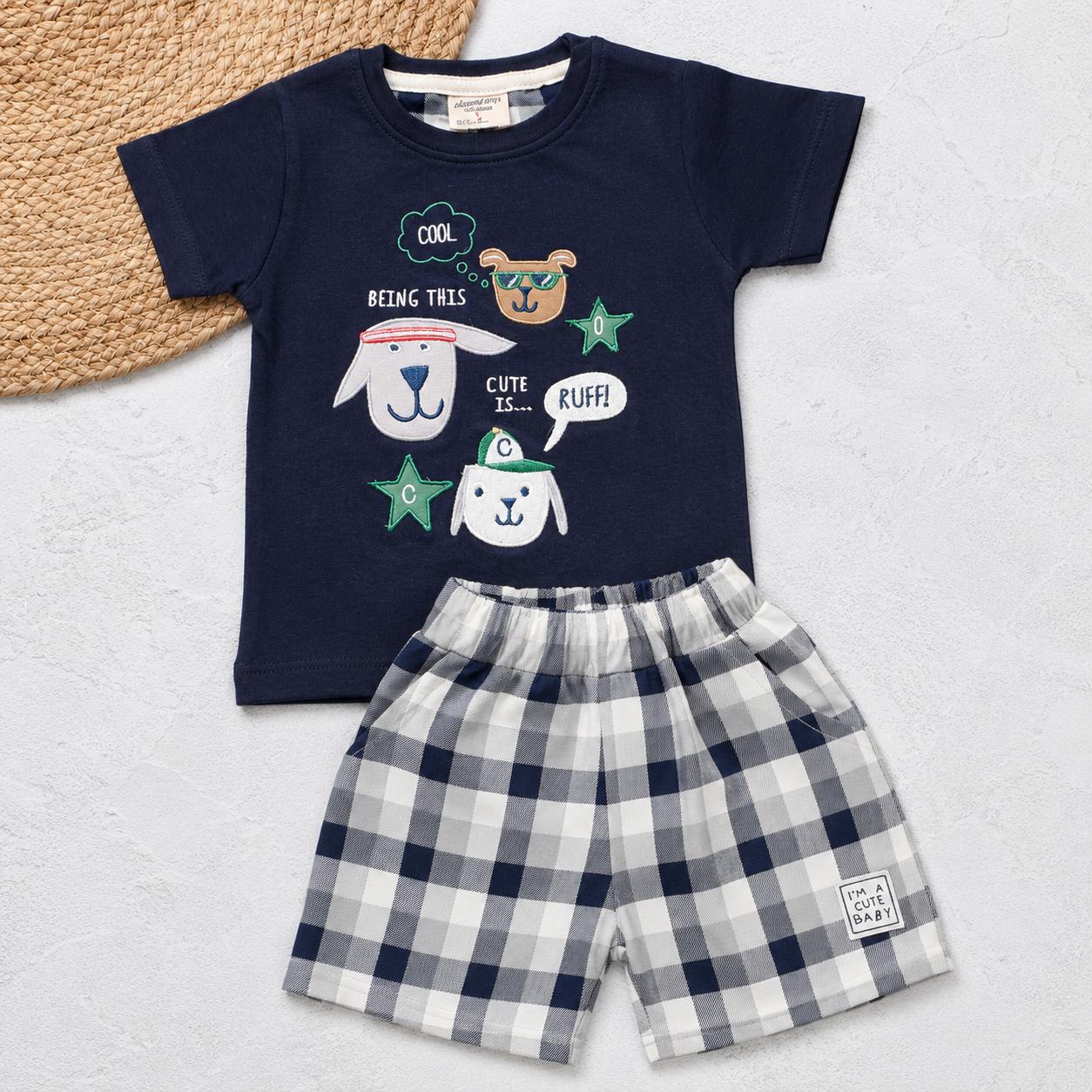 Navy Blue Dog Print with Checkered Co-Ord Set