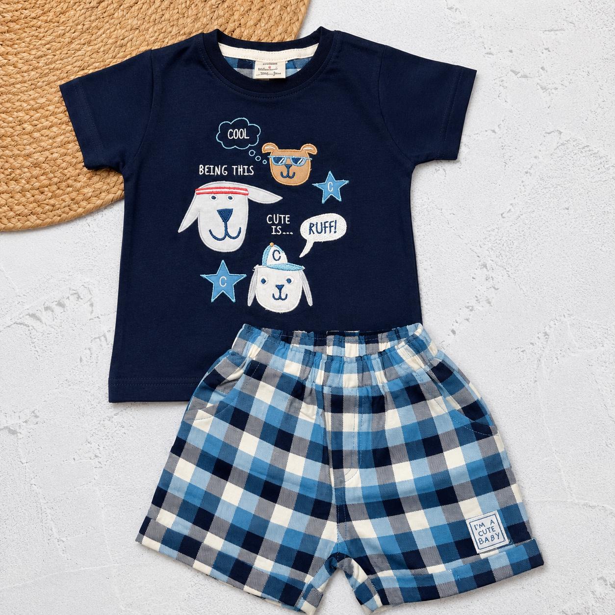 Navy Blue Dog Print with Checkered Co-Ord Set