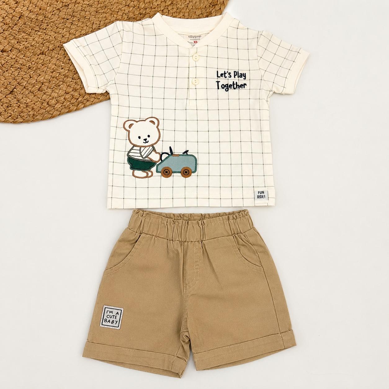 White Checkered Bear Print Co-Ord Set
