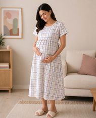 Women's Maternity Multicolor Check Print Feeding Gown