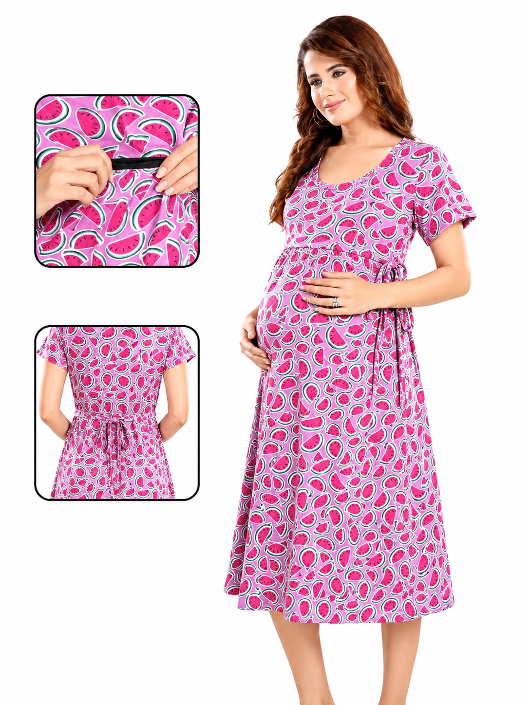 Women's Maternity Pink Watermelon Print Feeding Gown