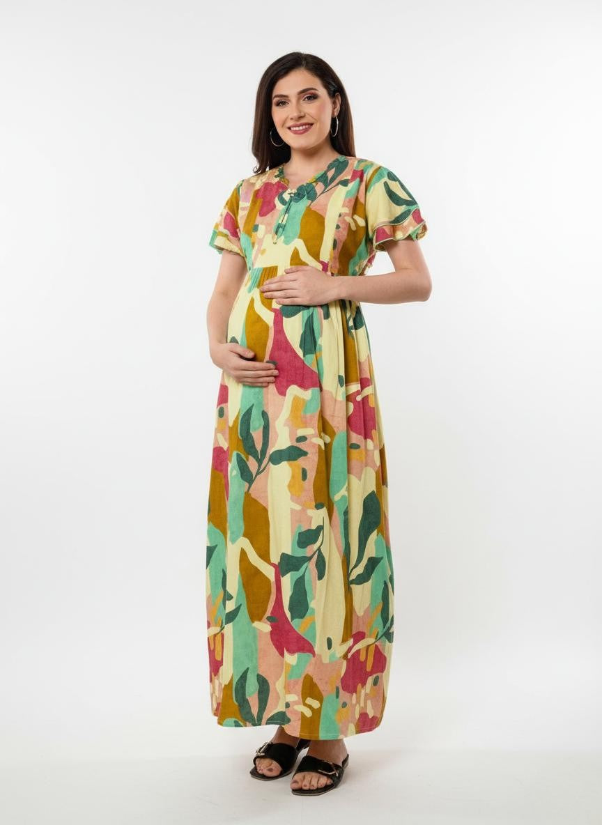 Mustard Multicolor Printed Maternity Maxi Dress