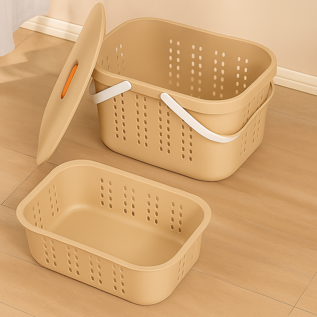 Beige Storage Basket with Lid & Handles