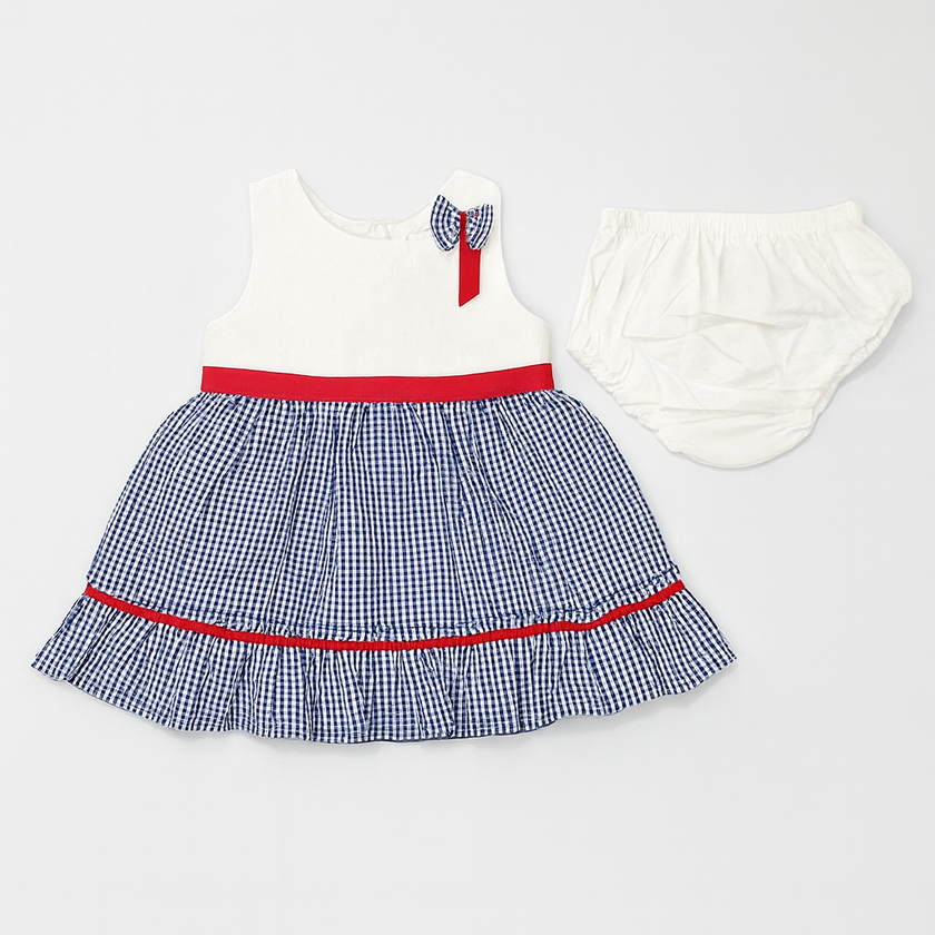 Baby Girls’ Gingham Party Dress Set with Bloomers – Red & Blue Variants