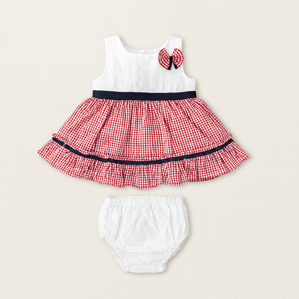 Baby Girls’ Gingham Party Dress Set with Bloomers – Red & Blue Variants