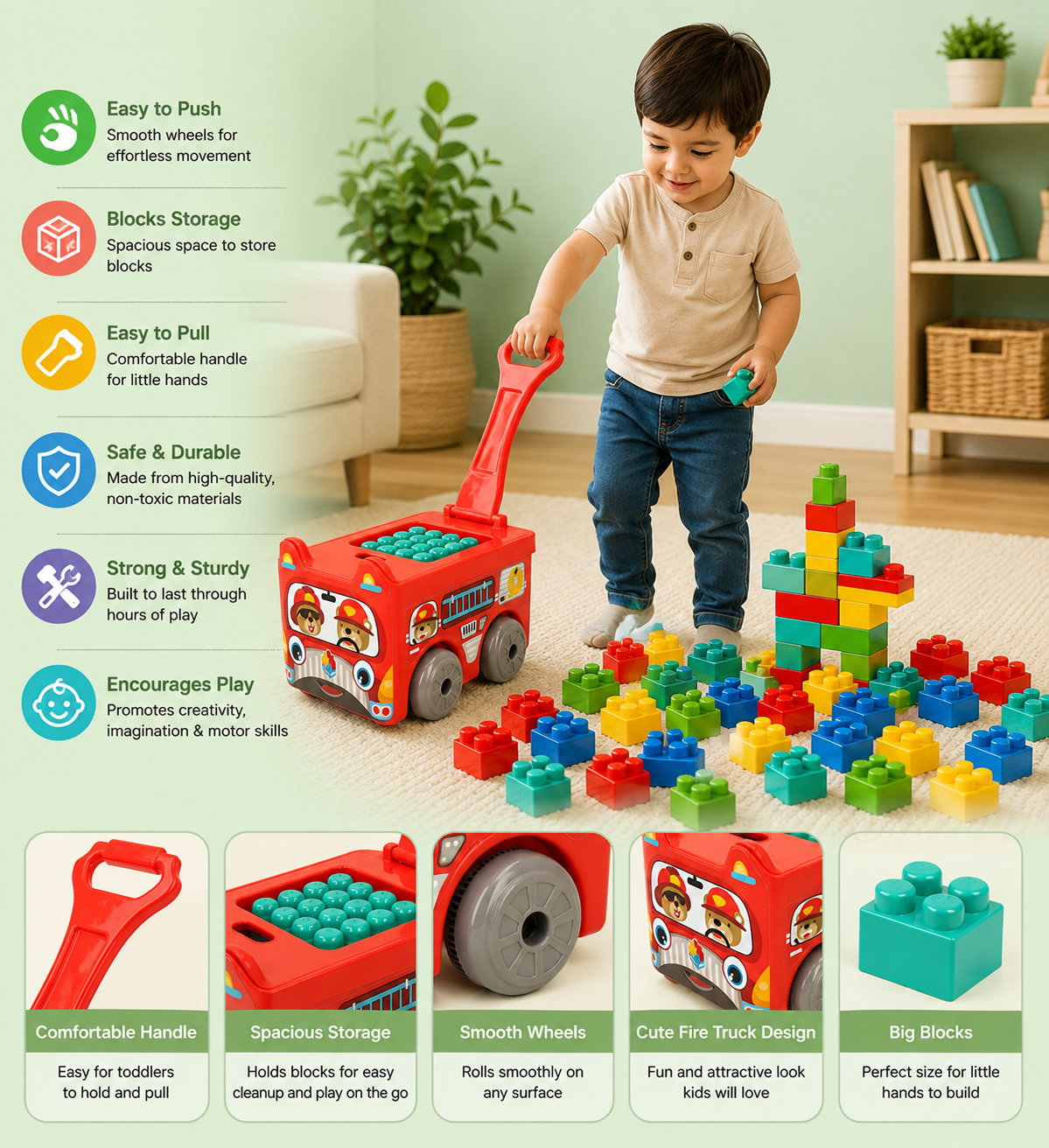 Fire Truck Pull Wagon with Building Blocks