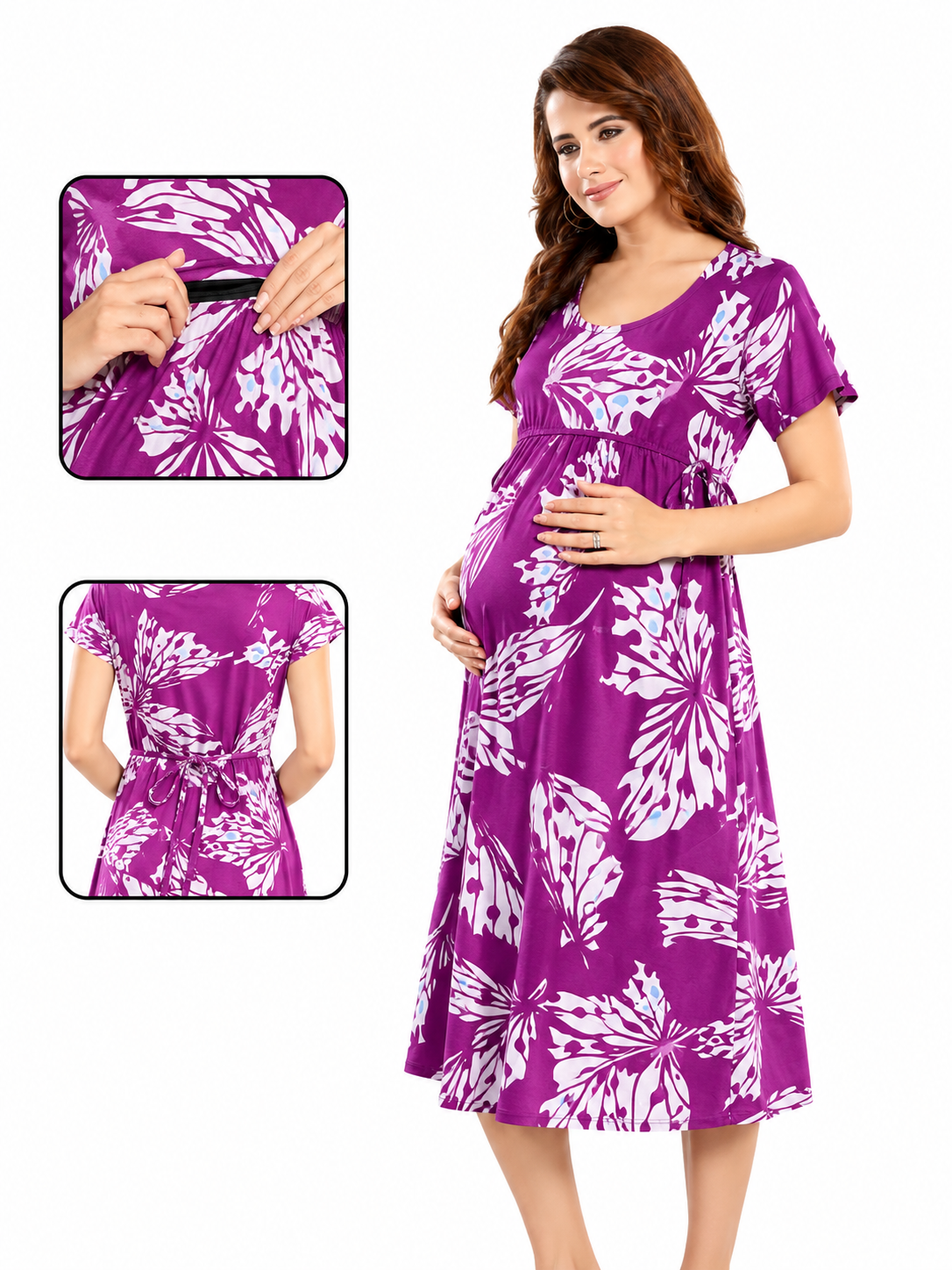 Women's Maternity Magenta Butterfly Print Feeding Gown