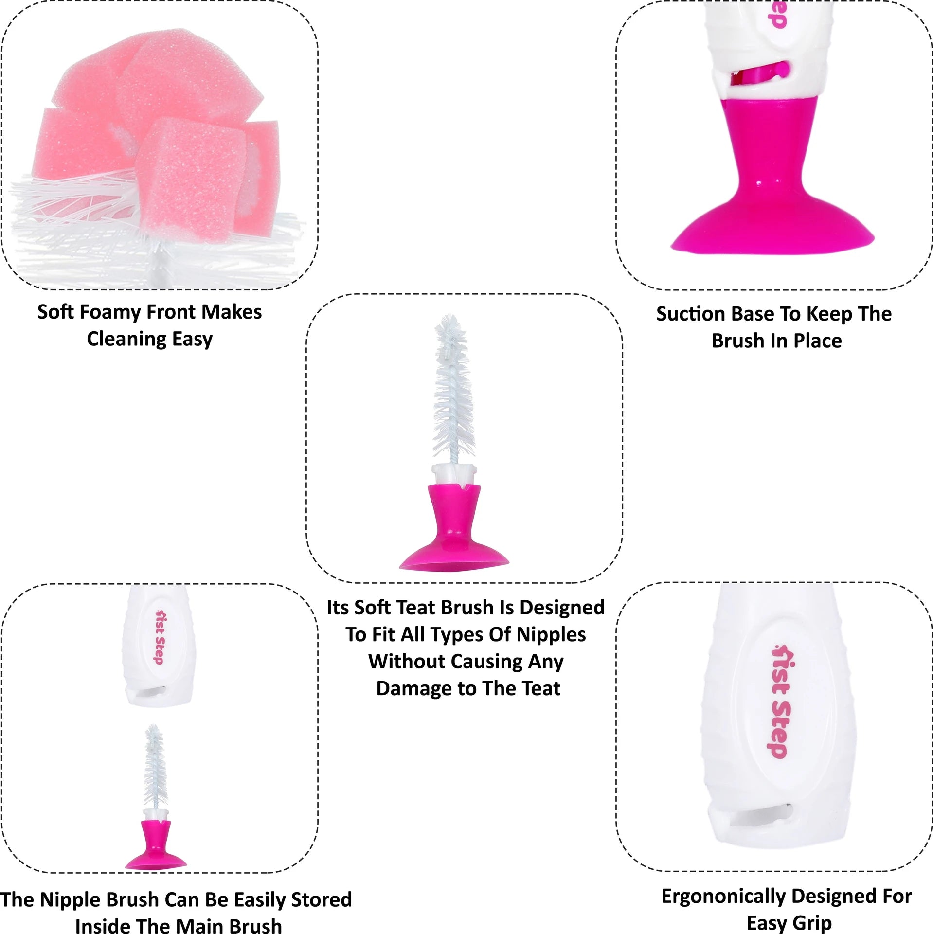 1st Step BPA Free Bottle And Nipple Cleaning Brush With Suction Base-Pink