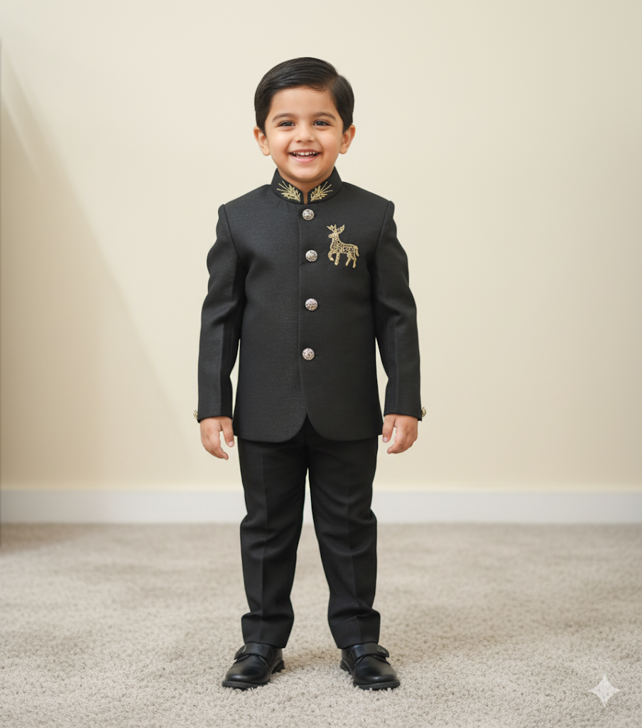 Boys Black Indo Western Suit with Golden Embroidered Collar - Mamadada