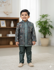 Boys Grey-Green Indo Western Ethnic Suit with Printed Jacket