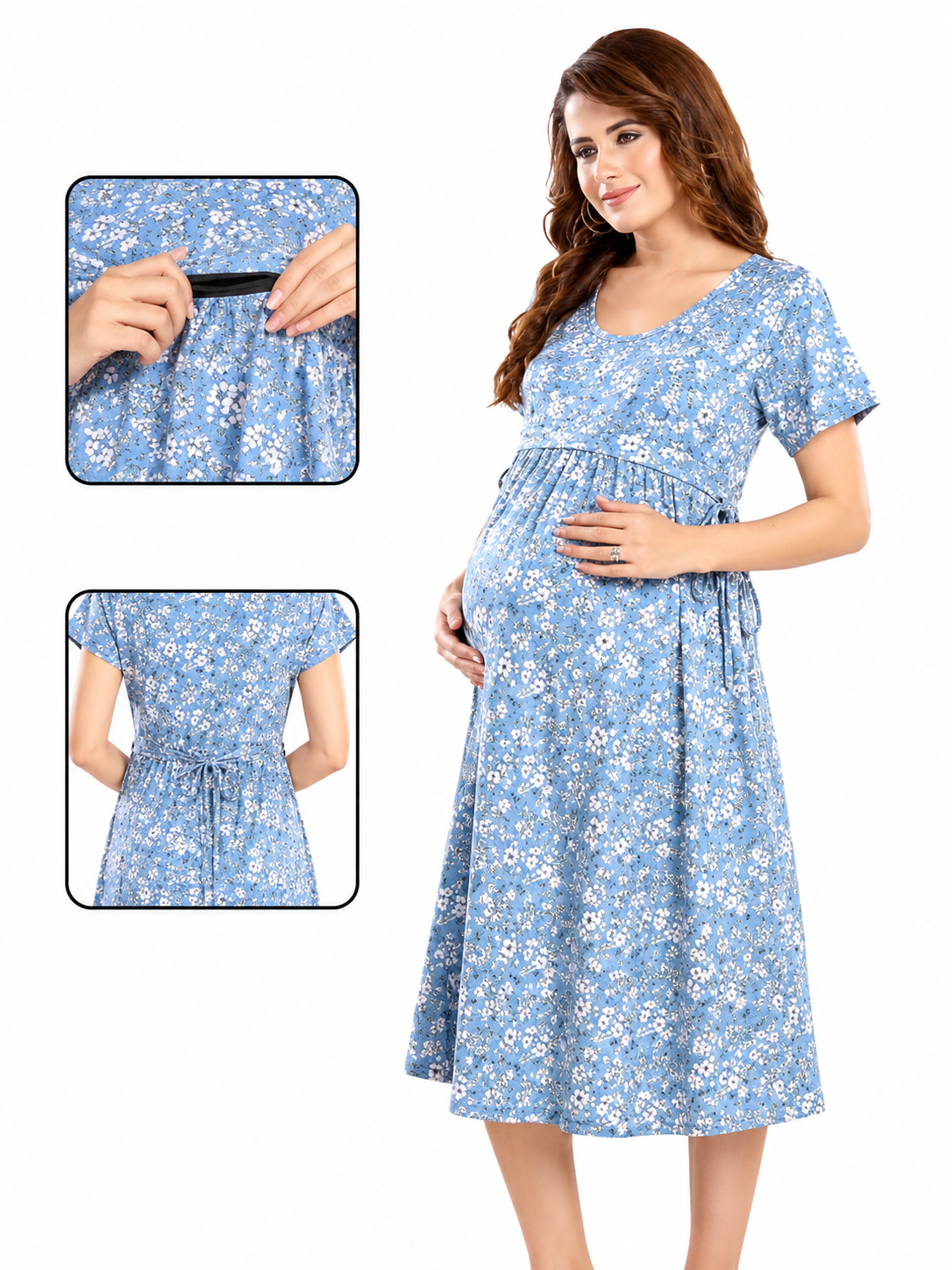 Women's Maternity  Sky Blue Floral Print Feeding Gown