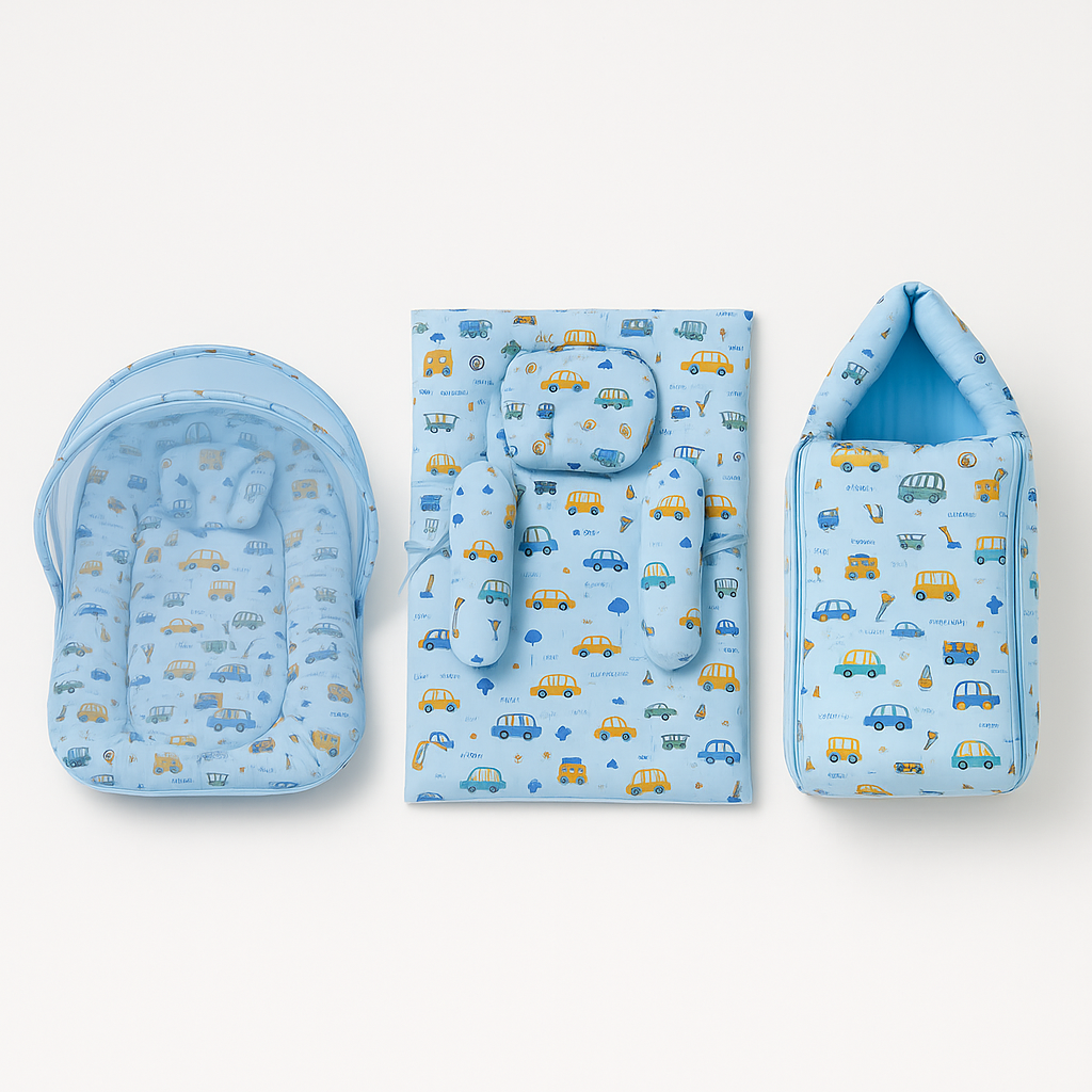 Blue cartoon-printed baby bed with mosquito net
