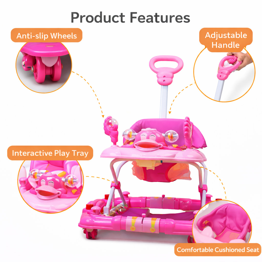 Pink Giggles Baby Walker with Push Handle