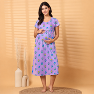Women's Maternity Soft Lavender Tulip Print Feeding Gown