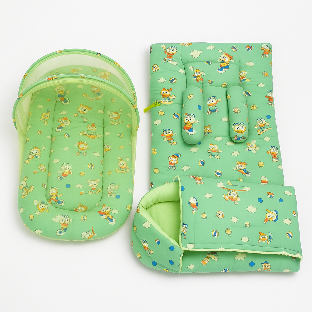 3-in-1 baby bedding set with net, bolster bed, and carry nest – green cartoon print