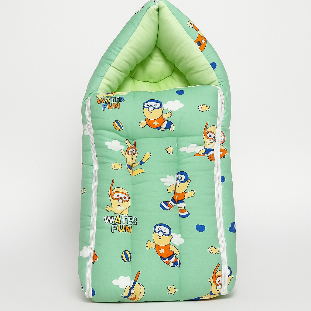 3 in 1 Green Cartoon Print (Bed with Net, Bolster Bed & Carry Nest)