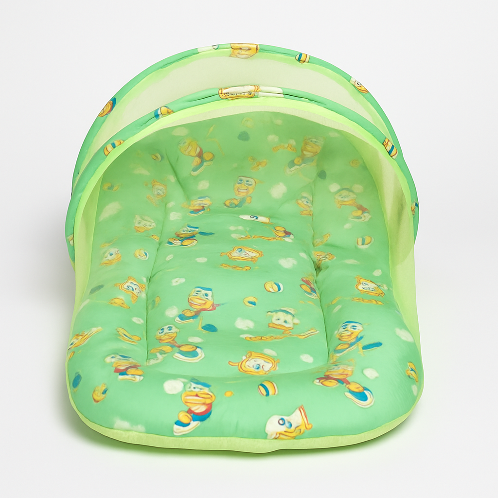 Baby bed with mosquito net in green cartoon printed cotton
