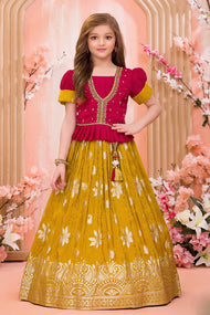 Mustard Banarasi Floral Lehenga with Red Blouse