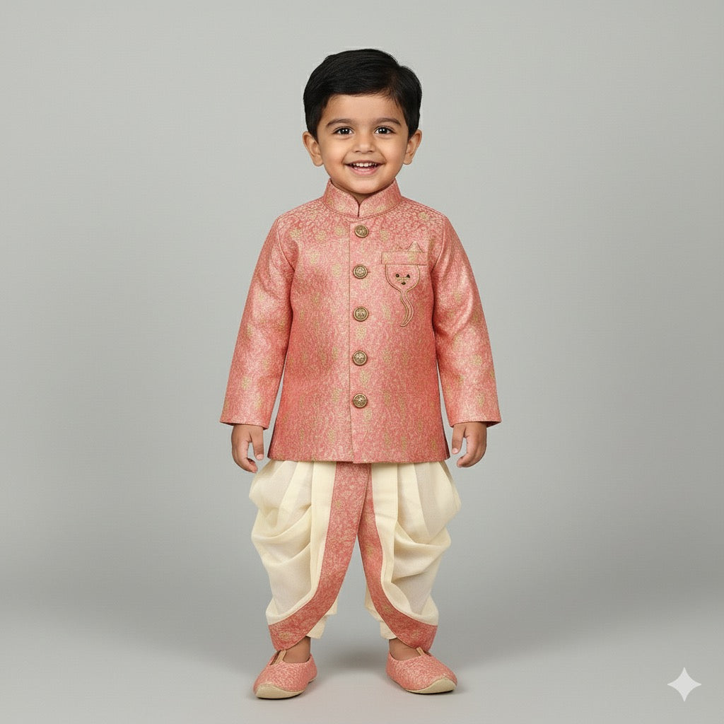 Peach Brocade Sherwani Set with Pearl Mala & Mojaris for Boys