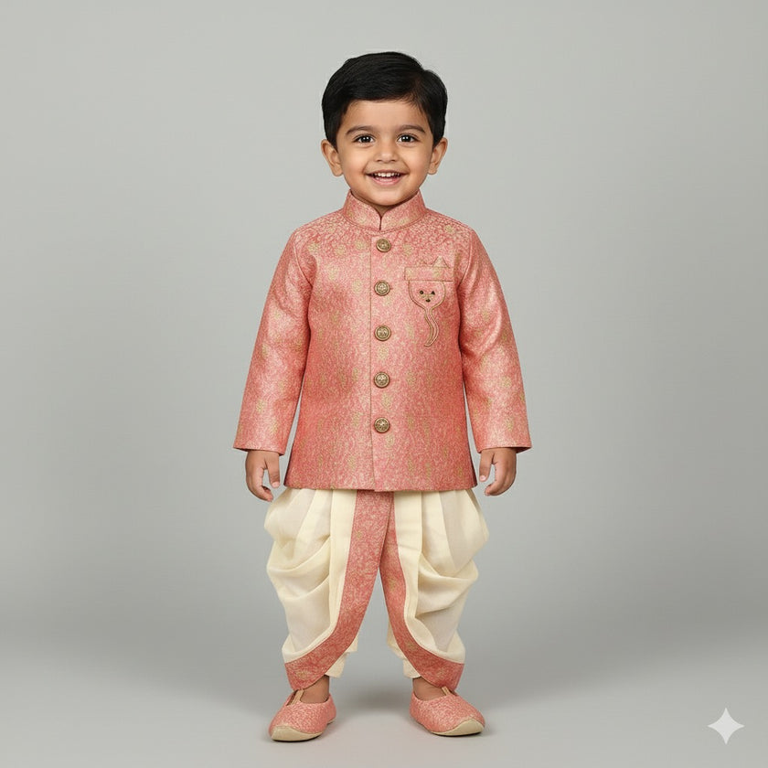 Peach Brocade Sherwani Set with Pearl Mala & Mojaris for Boys