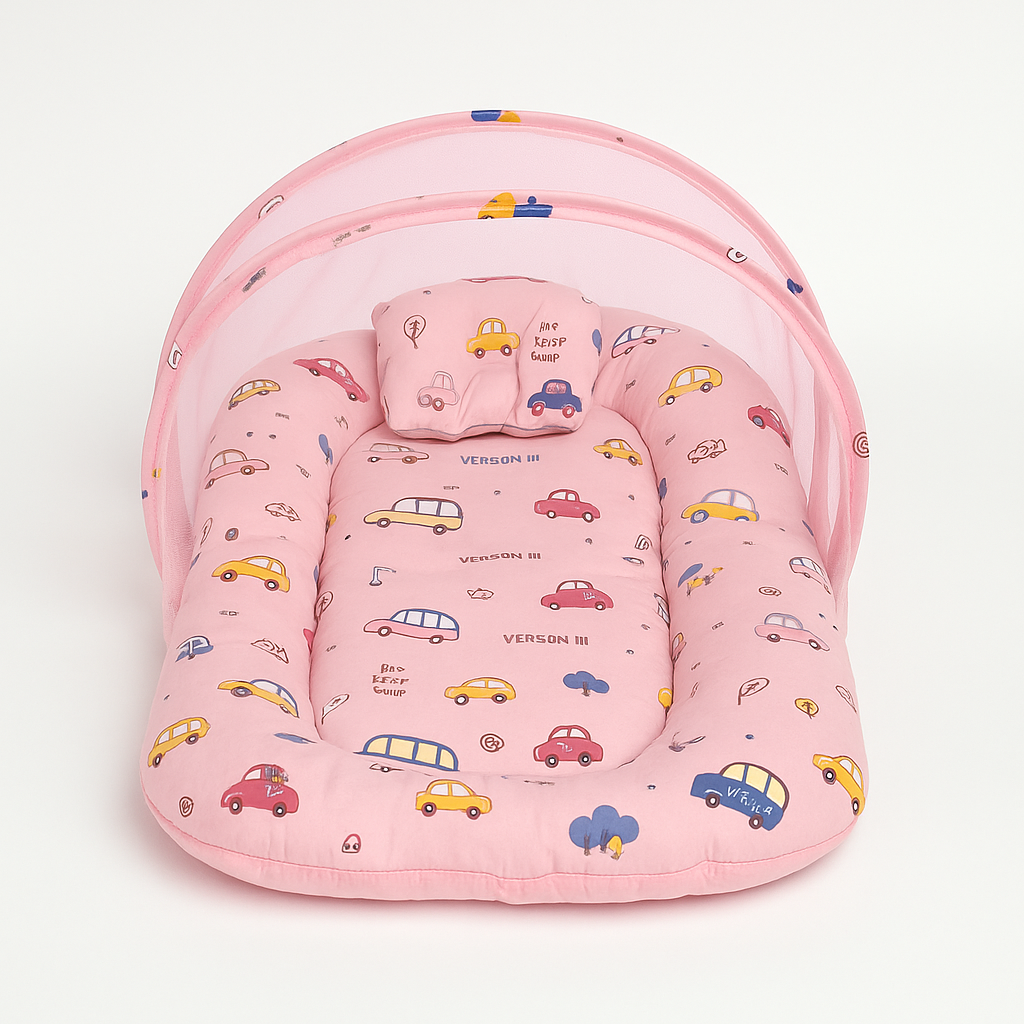 3-in-1 Baby Bedding Combo Set with Net, Bolster & Carry Nest – Pink Car Print