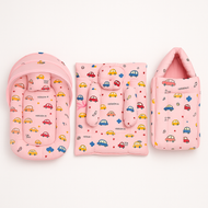 3-in-1 Baby Bedding Combo Set with Net, Bolster & Carry Nest – Pink Car Print