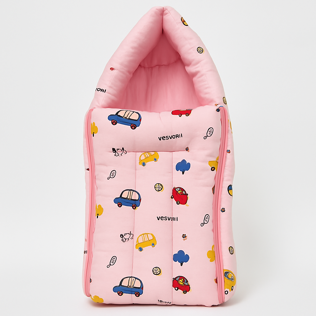 3-in-1 Baby Bedding Combo Set with Net, Bolster & Carry Nest – Pink Car Print