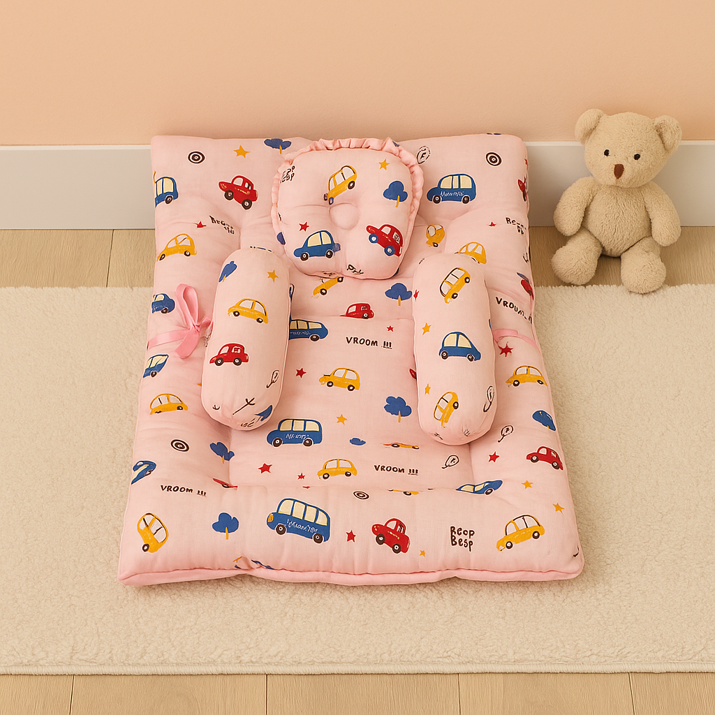 Baby play mat with bolsters and mini pillow in pink car cartoon print

