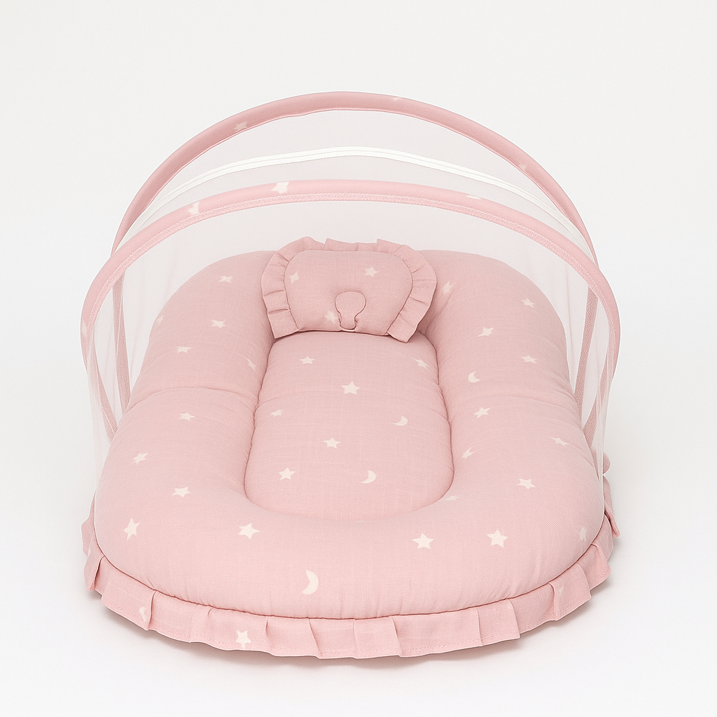 Pink Baby Bed with Mosquito Net – Star & Moon Infant Bedding