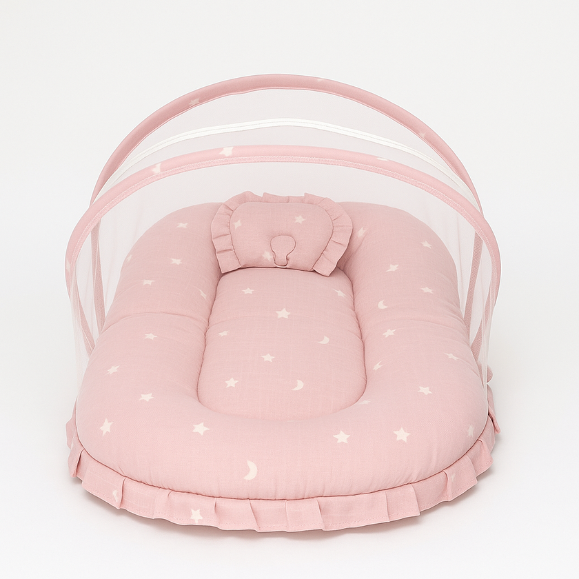 Pink Baby Bed with Mosquito Net – Star & Moon Infant Bedding