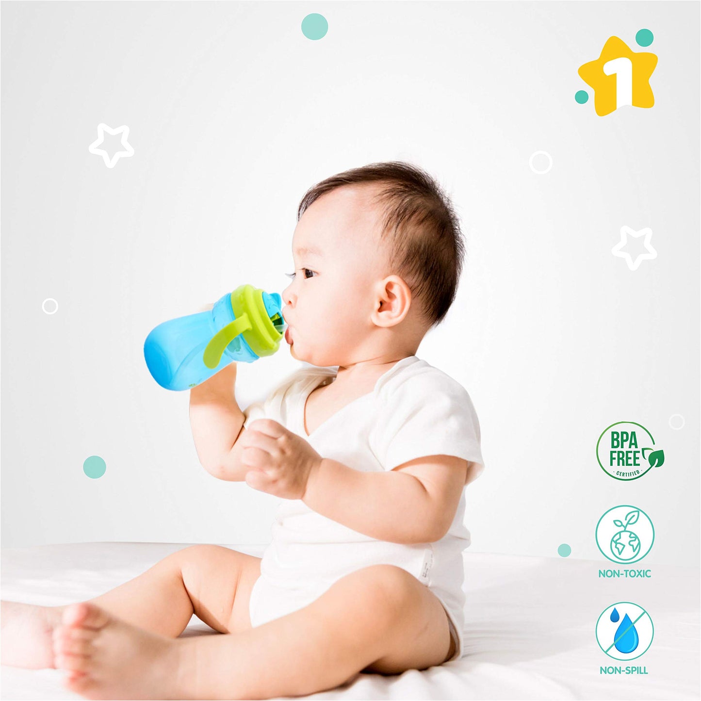 1st Step BPA Free Anti-Spill Soft Silicone Straw Baby Sipper Cup with Twin Handle- 360ml(Blue) - Mamadada