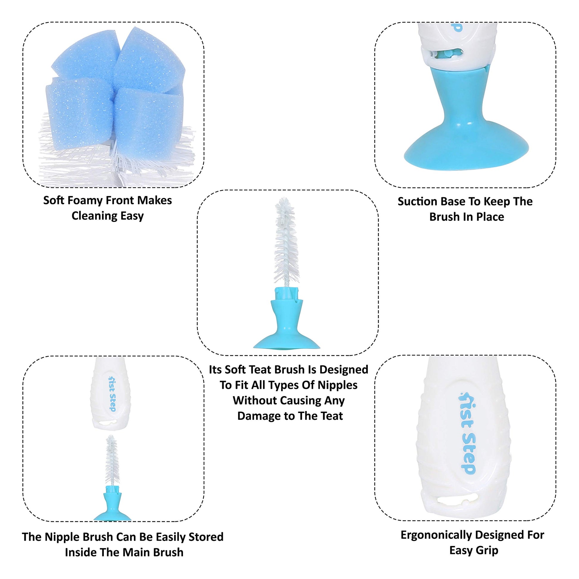 1st Step Bottle and Nipple Cleaning Brush with Nylon bristles for Easy Cleaning (Blue)