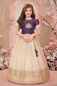 Purple Embroidered Blouse with Beige Silk Gown