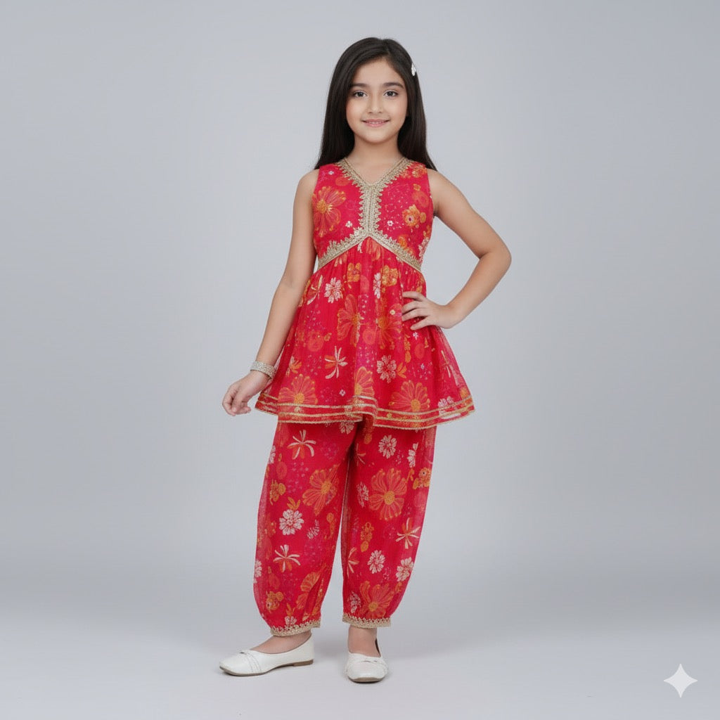 Red Floral Printed Kurta with Gold Lace Detailing