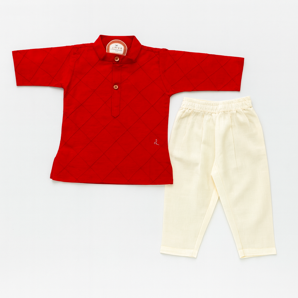 Red Kurta with Cream Pants – Boys Ethnic Set - Mamadada