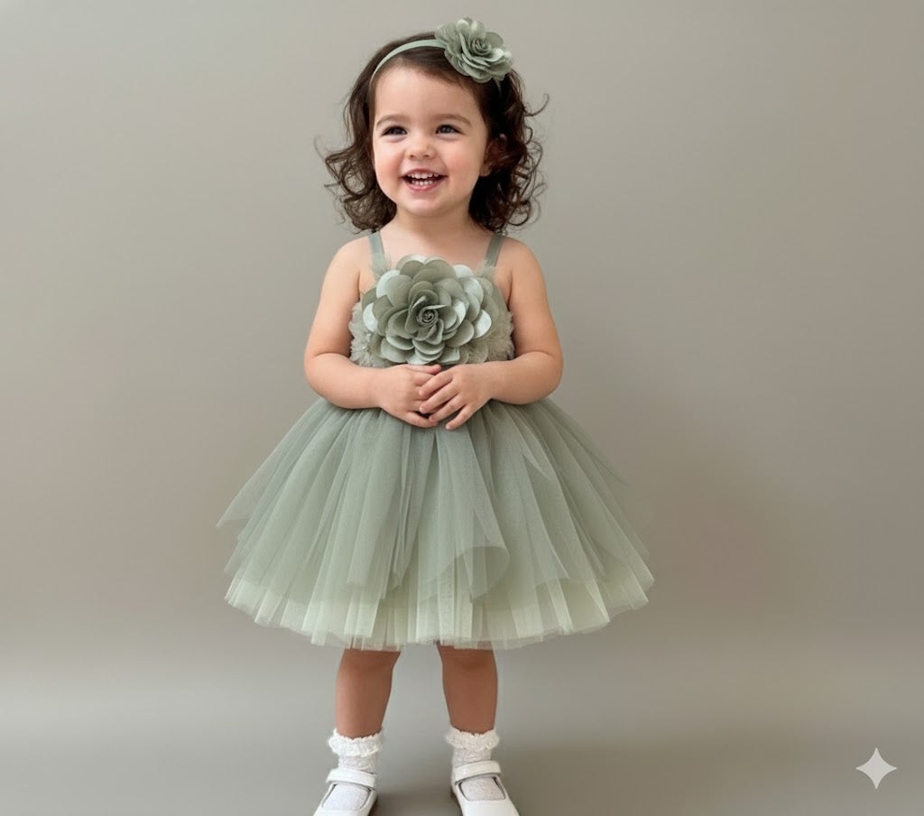 Sage Green Tulle Party Dress for Girls with Floral Appliqué - Mamadada