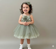 Sage Green Tulle Party Dress for Girls with Floral Appliqué