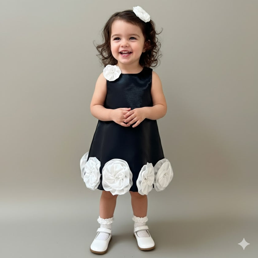 Black Satin Dress for Girls with White Flower Embellishments