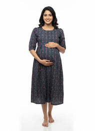 Blue Printed Maternity Dress