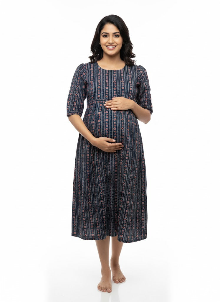 Blue Printed Maternity Dress