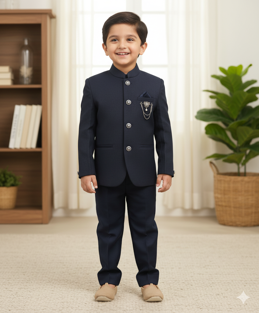 Boys Navy Blue Indo Western Ethnic Suit with Brooch - Mamadada