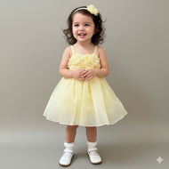 Yellow Organza Dress for Girls with Floral Detailing
