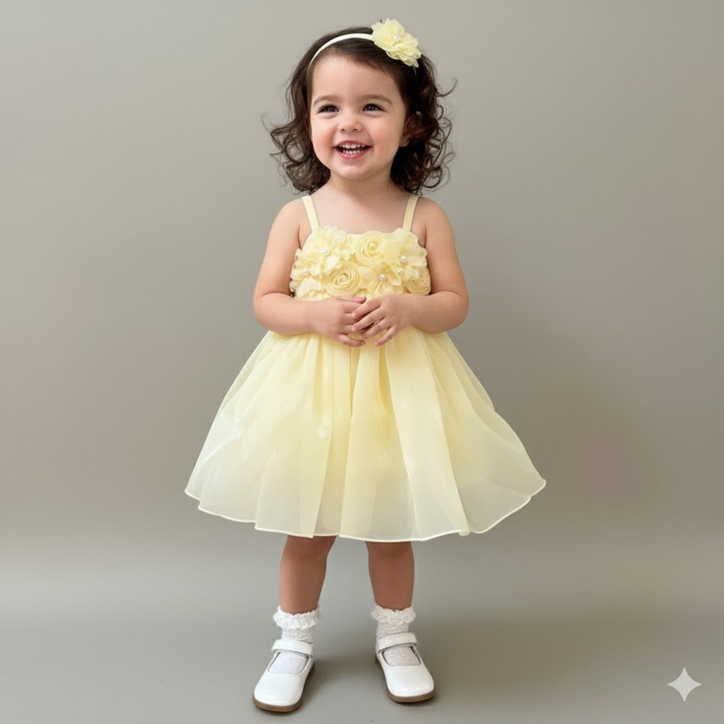 Yellow Organza Dress for Girls with Floral Detailing