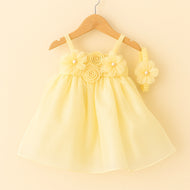 Yellow Organza Dress for Girls with Floral Detailing