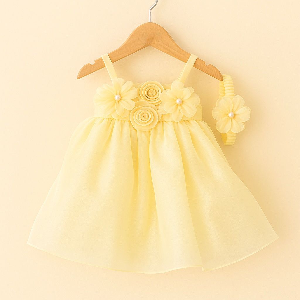 Yellow Organza Dress for Girls with Floral Detailing